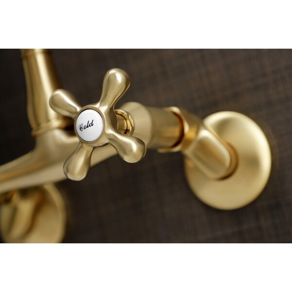 English Country 6 Adjustable Center Wall Mount Kitchen Faucet, Brass